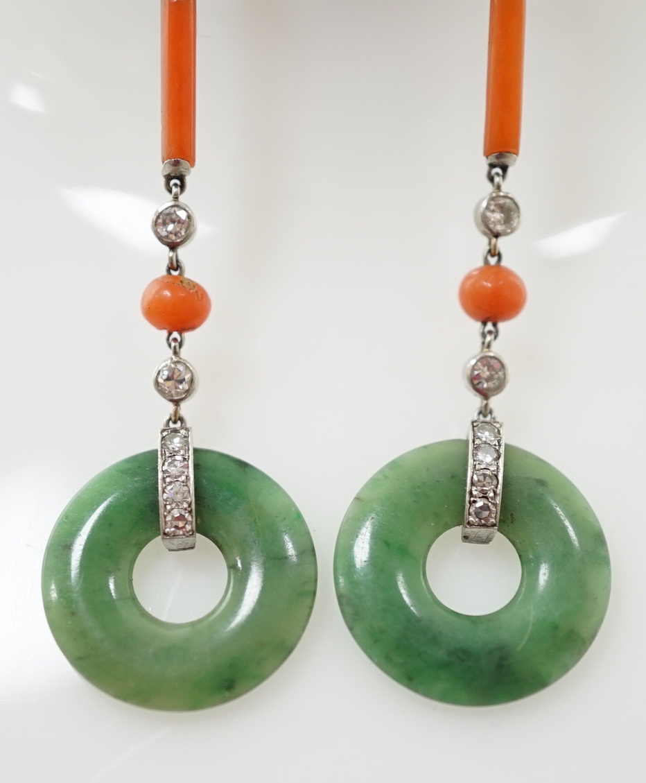 A pair of Art Deco Marzo platinum?, jadeite disc, coral and diamond set drop earrings